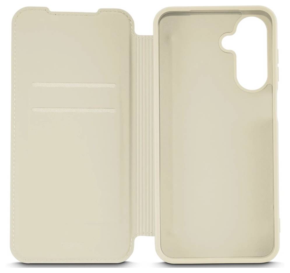 Ein beige farbenes Smartphone-Klappetui ist geöffnet und zeigt Kartenfächer auf der linken Seite und einen Platz für ein Telefon auf der rechten Seite.