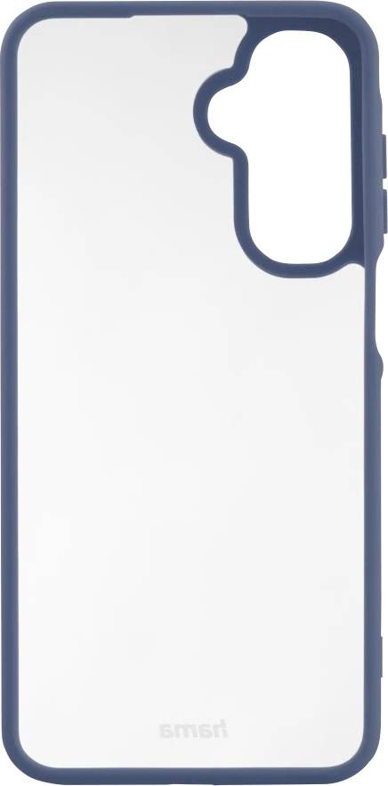 Eine Handyhülle mit blauem Rand und transparenter Rückseite, designed für ein Smartphone mit mehreren Rückkameras und aufgeprägtem Markennamen.