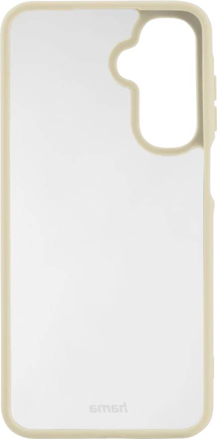 Eine beige Smartphone-Hülle mit transparenter Rückseite und Aussparung für die Kamera und Sensoren.