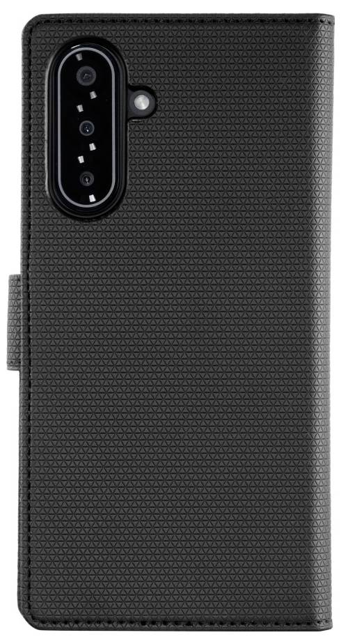 Eine schwarze, strukturierte Handyhülle mit Kameraausschnitt, entwickelt für ein Smartphone.