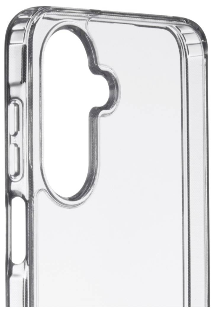 Eine durchsichtige Kunststoff-Handyhülle mit präzisen Aussparungen für Knöpfe und Kamera, von hinten und in Seitenansicht dargestellt.