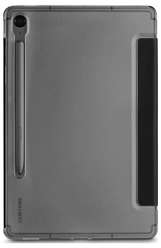 Ein grauer Tablettkoffer mit einem Schlitz, der einen Stylus hält. Die Hülle ist für ein Samsung-Gerät konzipiert und verfügt über eine transparente und schützende Oberfläche.
