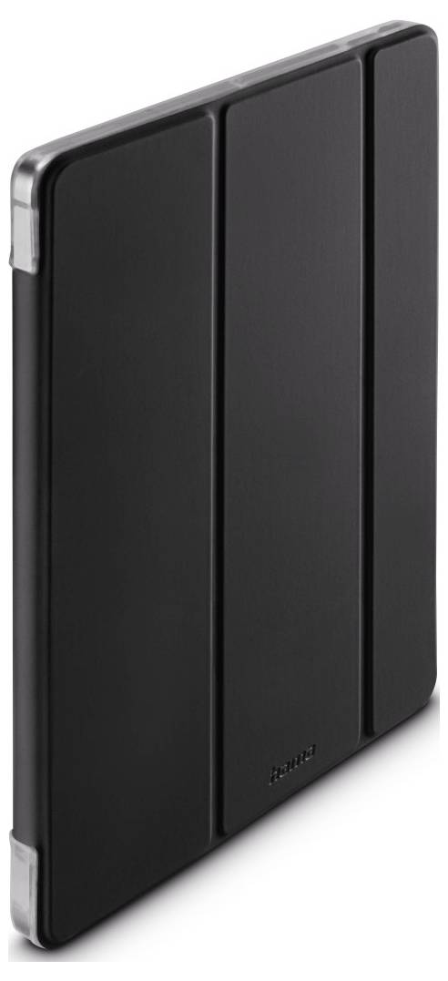 Eine schwarze Tablet-Hülle mit faltbarer Konstruktion steht aufrecht und zeigt ihren schlichten und minimalistischen Stil.