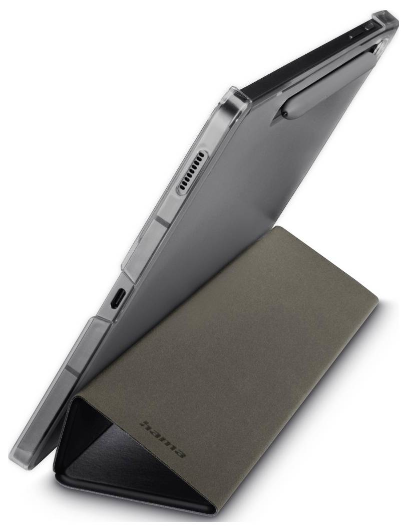 Ein Tablet mit einem Stylus in einem Schutzgehäuse, das vertikal mit einem dreieckigen Ausklappständer positioniert ist und Seitenports und Tasten zeigt.