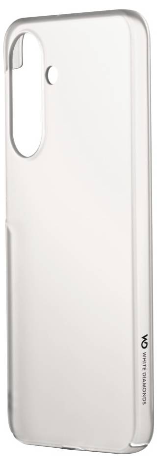 Eine transparente Smartphone-Hülle mit Öffnungen für die Kamera und Tasten, die ein kleines Logo-Design in der unteren rechten Ecke aufweist.