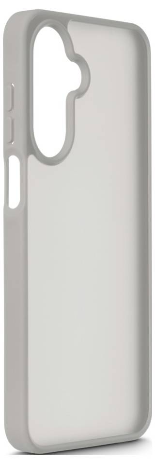 Eine transparente Handyhülle mit einem soliden grauen Rand und Öffnungen für Tasten und Kamera.