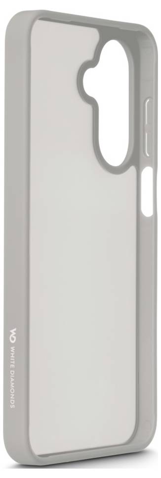 Eine transparente Smartphone-Hülle mit grauem Rand, versehen mit Aussparungen für Tasten und Kamera. Der Markenname 'White Diamonds' ist an der Seite angebracht.