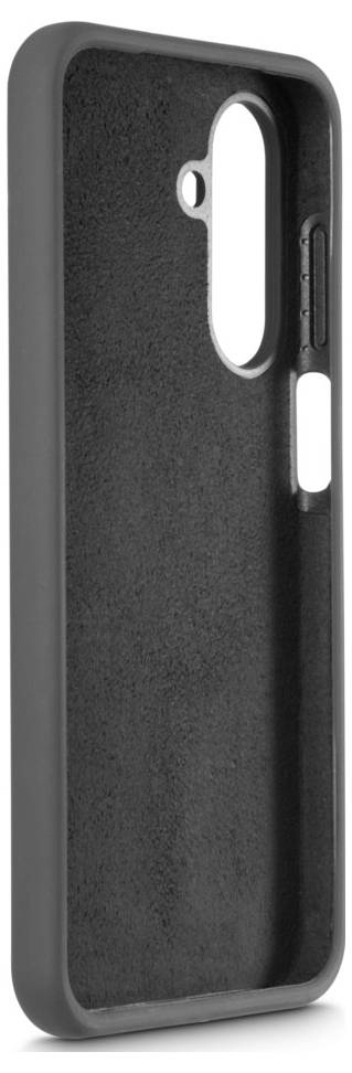 Eine schwarze Smartphone-Hülle mit strukturierter Innenseite und Öffnungen für die Kamera und Tasten.