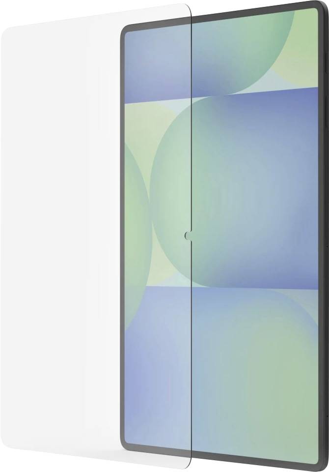 Eine transparente Schutzfolie, leicht geneigt vor einem Smartphone, das einen blau und grün abstrakten Hintergrund anzeigt.