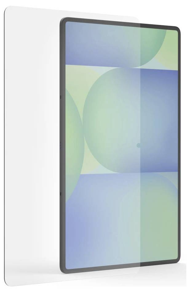 Durchsichtiger Displayschutz neben einem Tablet mit einem bunten, abstrakten Design auf dem Bildschirm.