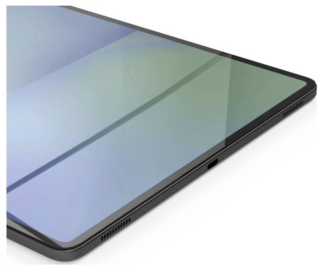 Eine Nahaufnahme eines eleganten Tablets mit großem Bildschirm und schmalen Rändern, die sein modernes Design und minimalistische Ästhetik zur Geltung bringen.