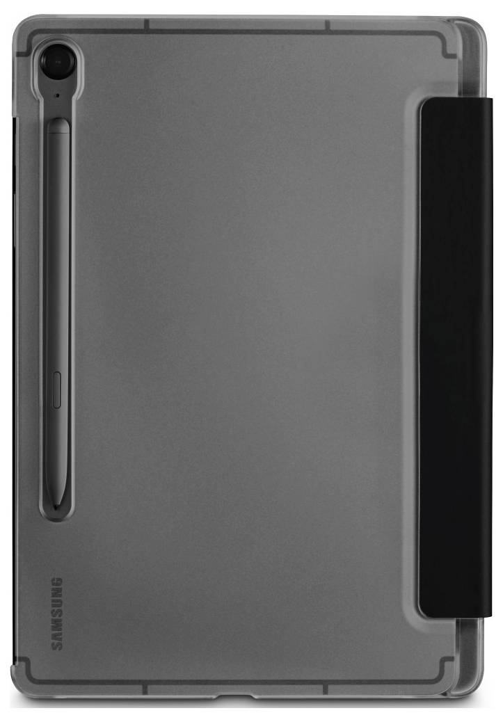 Eine graue Tablette mit einem an der Rückseite befestigten Stylus und einer teilweisen schwarzen Abdeckung, von der Rückseite aus betrachtet.