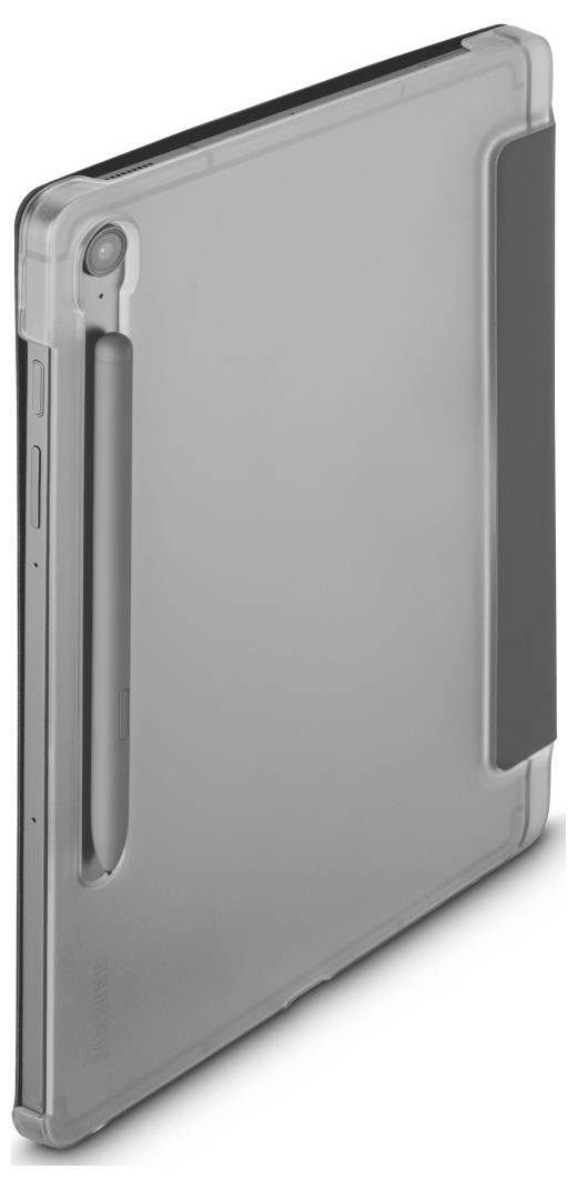 Ein schlankes Tablet mit einer Schutzhülle, die einen Stifthalter auf der Rückseite hat und damit sein praktisches Design für Komfort und Funktionalität hervorhebt.