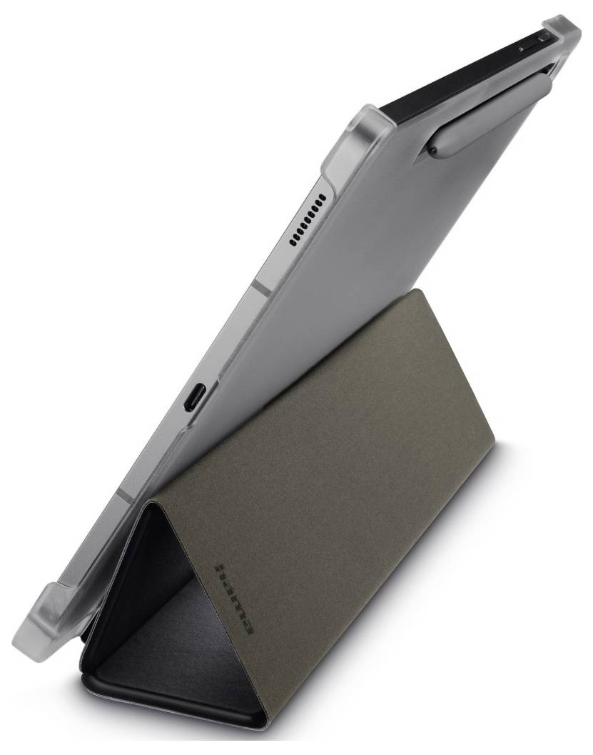 Ein Tablet mit Stylus wird in einem Ständer platziert, von der Seite betrachtet, wobei sein schlankes Design und seine Mobilität hervorgehoben werden.