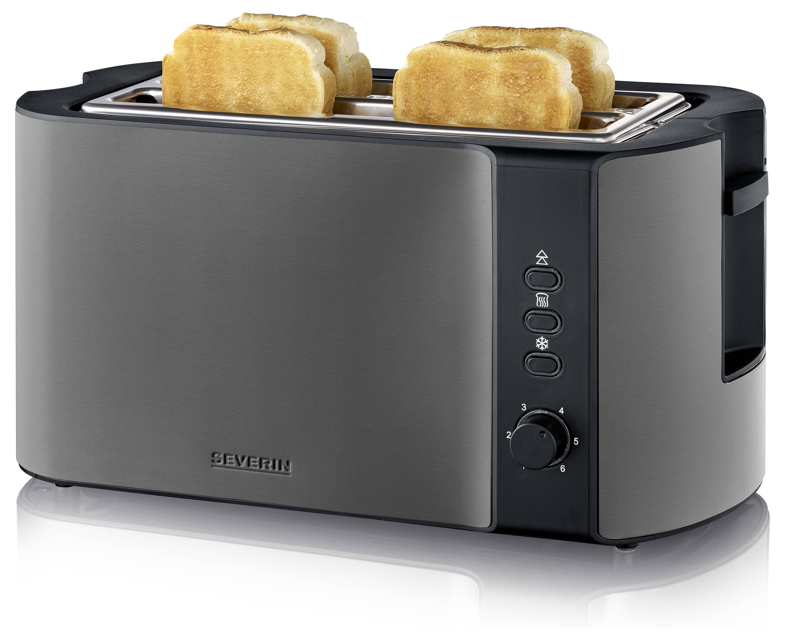 Ein Toaster aus Edelstahl mit zwei getoasteten Scheiben Brot in den Einschüben. Der Toaster verfügt über Bedienungsknöpfe und einen Drehregler an der Seite.