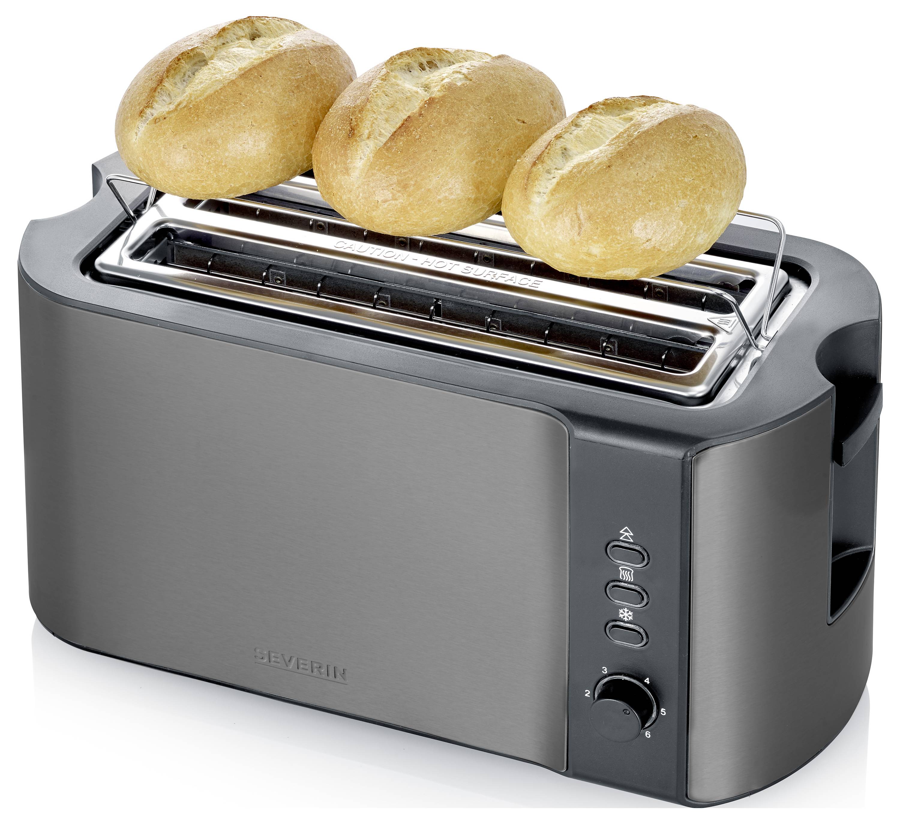Drei Brötchen, die auf einem horizontalen Toaster mit Regelknöpfen an der Seite erwärmt werden.