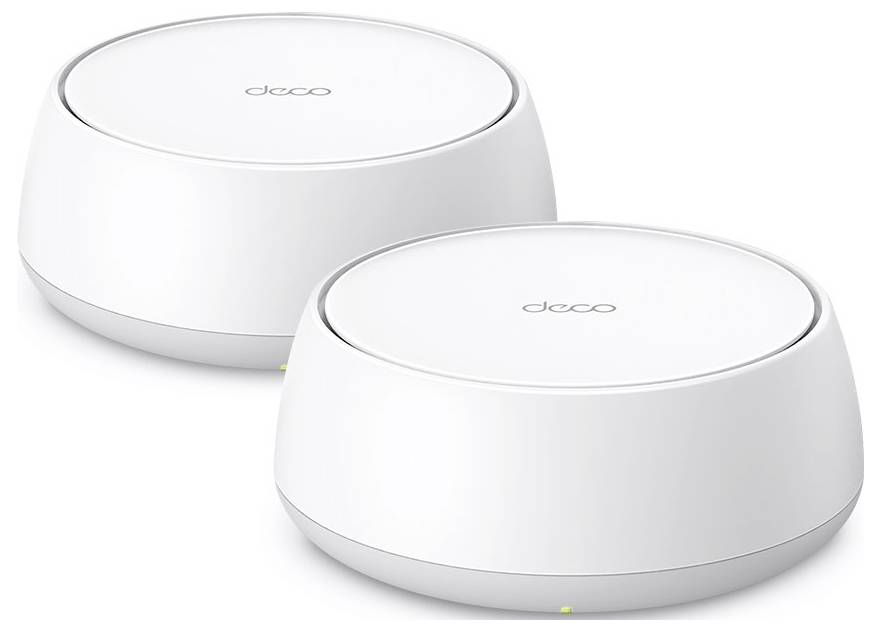 Zwei weiße, runde WLAN-Router nebeneinander platziert, beide oben mit 'deco' beschriftet, für die Heimnetzwerk-Konnektivität konzipiert.