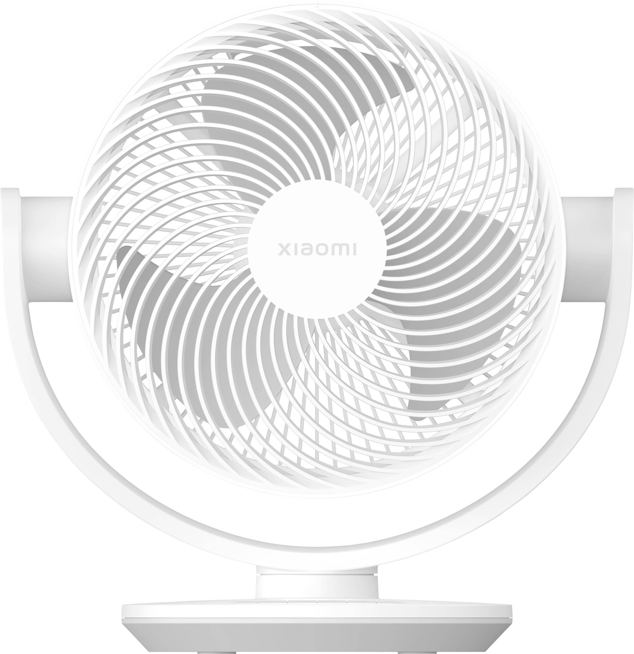 Ein weißer Schreibtischventilator mit einer kreisförmigen, spiralgemusterten Schutzgitter und dem 'xiaomi'-Logo, designed für effiziente Luftzirkulation und moderne Ästhetik.