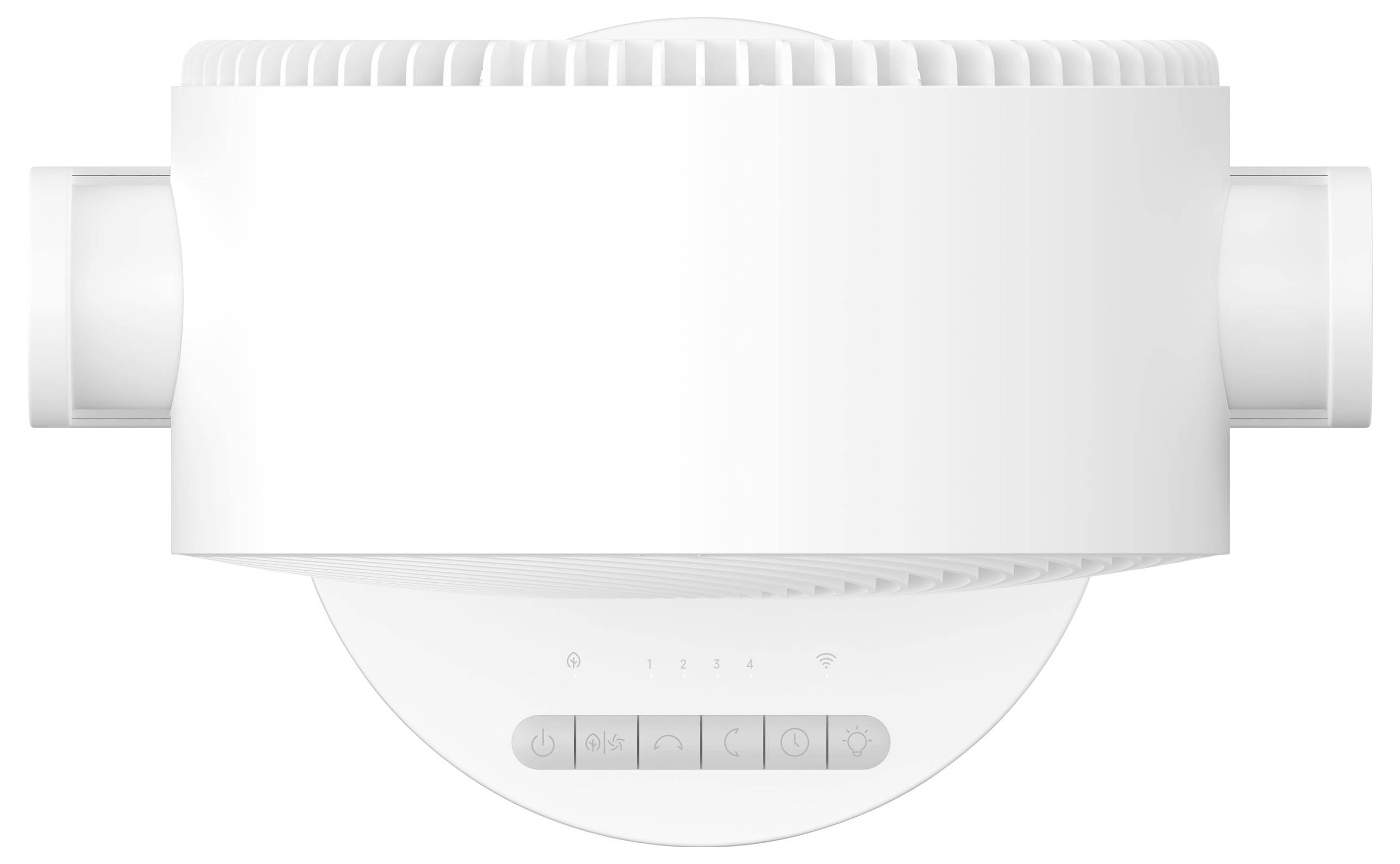 Ein weißes, kreisförmiges elektronisches Gerät mit Lüftungsschlitzen oben und Tasten, die mit 1-4, Power, Ventilator und WLAN-Symbolen auf der Frontplatte beschriftet sind.