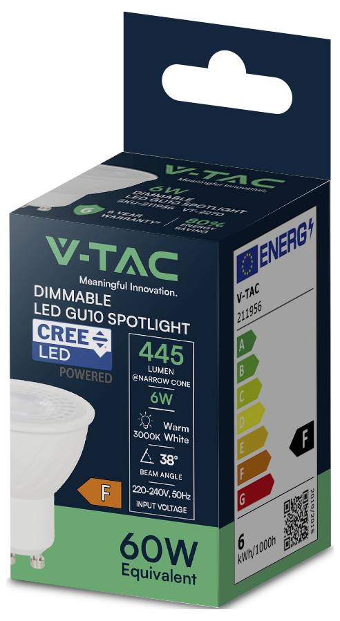 V-TAC 211956 SMD LED EEK F (A - G) GU10 6 W = 60 W Warmweiß