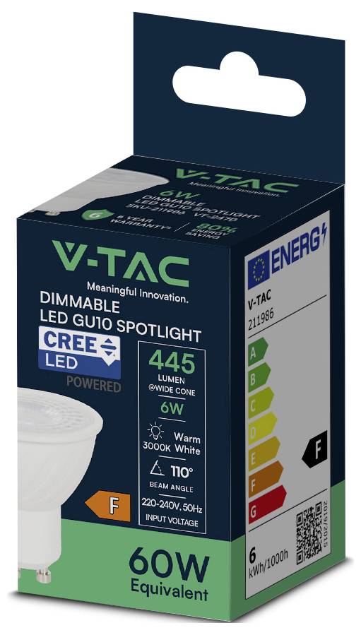 V-TAC 211986 SMD LED EEK F (A - G) GU10 6W = 60W Warmweiß