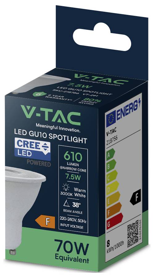 V-TAC 218756 SMD LED EEK F (A - G) GU10 7.5 W = 70 W Warmweiß