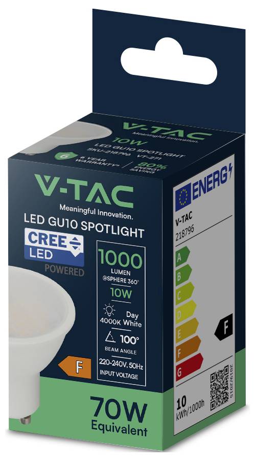 V-TAC 218796 SMD LED EEK F (A - G) GU10 10 W = 70 W Tageslichtweiß