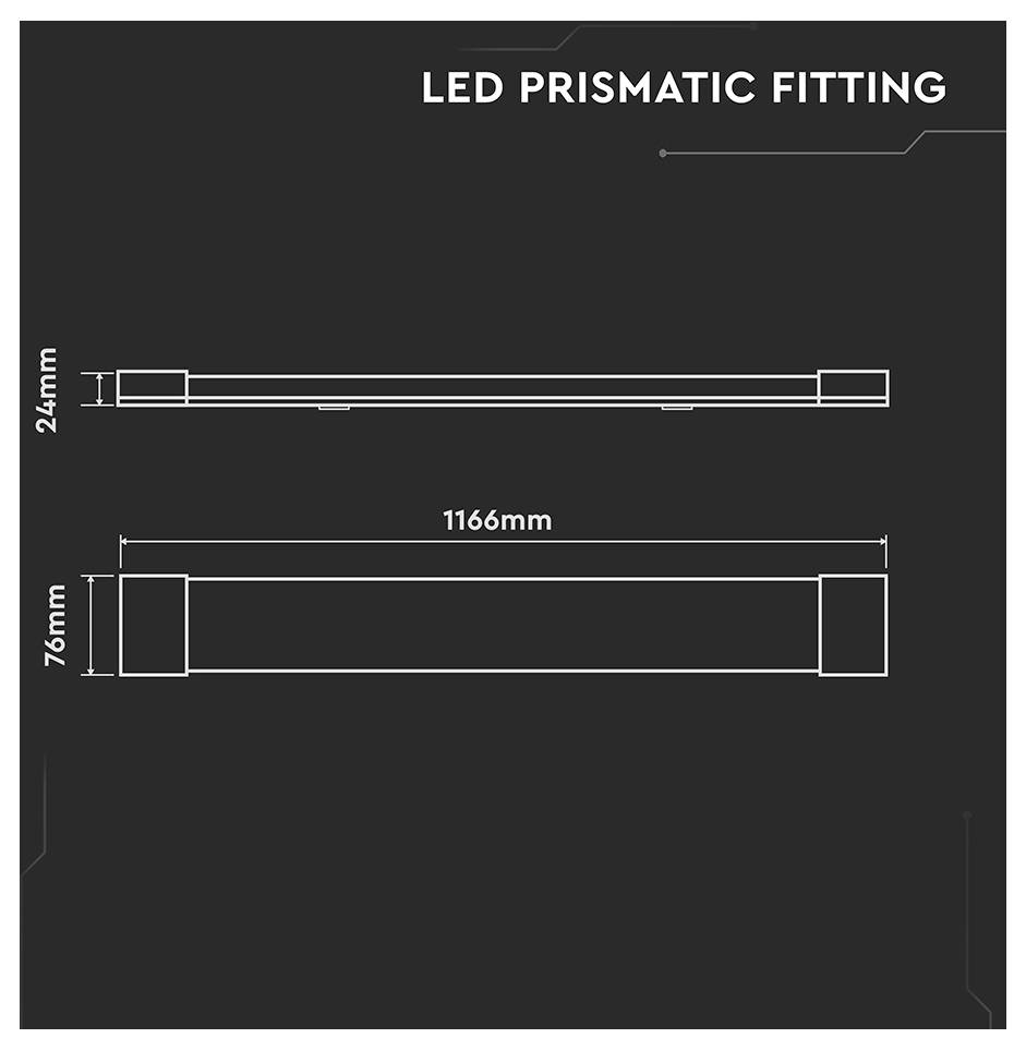 Darstellung einer 'LED-Prismatischen Leuchte' mit Abmessungen: 1166 mm Länge, 76 mm Breite und 24 mm Höhe.