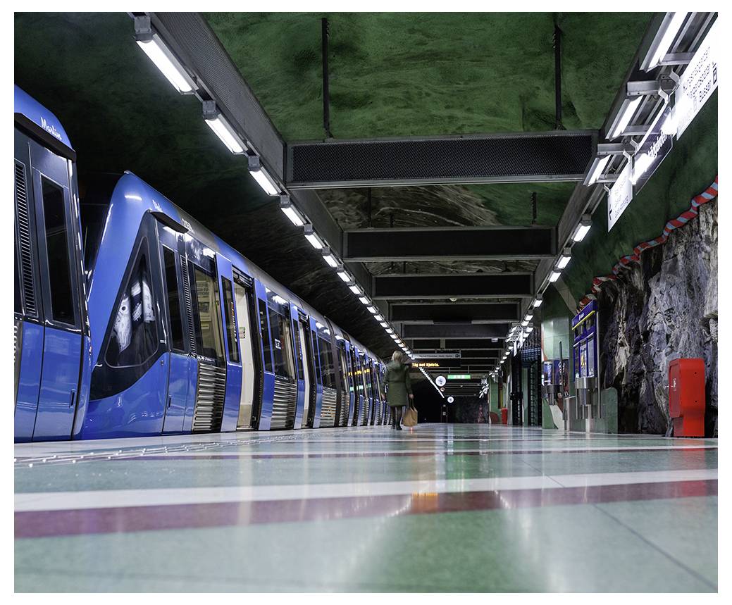 Eine U-Bahn-Garnitur hält an einer unterirdischen Station, während ein Passagier auf dem Bahnsteig wartet. Die Decke und Wände weisen grüne, felsige Texturen auf.