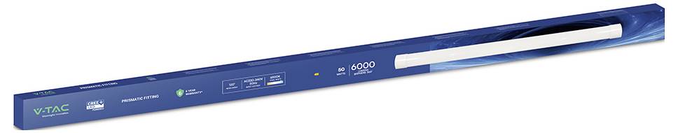 Langer blauer Karton für ein V-TAC Markenprodukt, beschriftet mit '40W LED-Balken 4000K'. Enthält Spezifikationssymbole und Modelldetails.