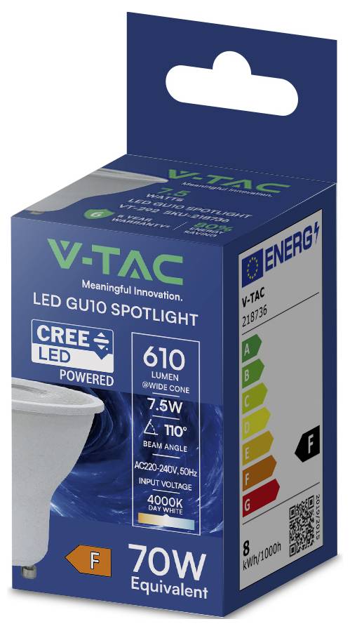 V-TAC LED GU10 Strahler mit Energieeffizienzklasse F, 610 Lumen, 7,5 W Leistung, 110° Abstrahlwinkel und 4000K Farbtemperatur.