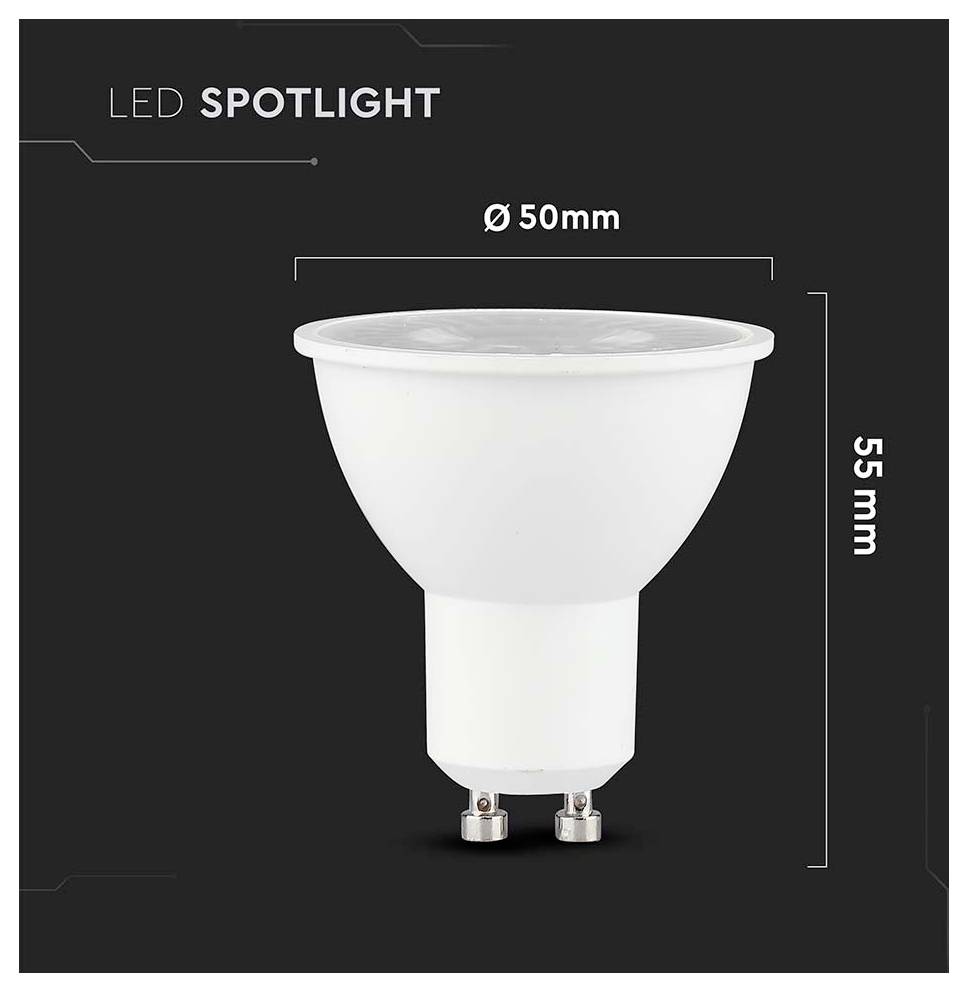Eine LED-Scheinwerferleuchte mit einer Höhe von 55 mm und einem Durchmesser von 50 mm vor einem schwarzen Hintergrund, beschriftet mit ‚LED-Scheinwerfer'.