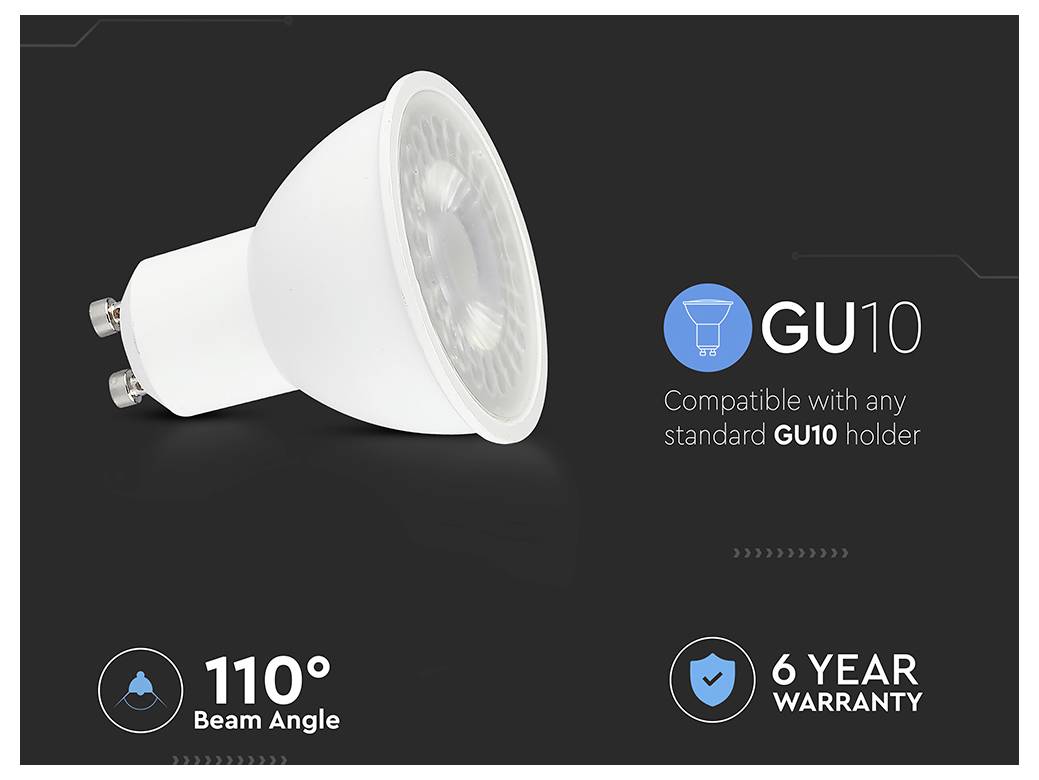 GU10 LED-Lampe mit 110° Abstrahlwinkel, kompatibel mit Standard-GU10-Fassung, 6 Jahre Garantie.
