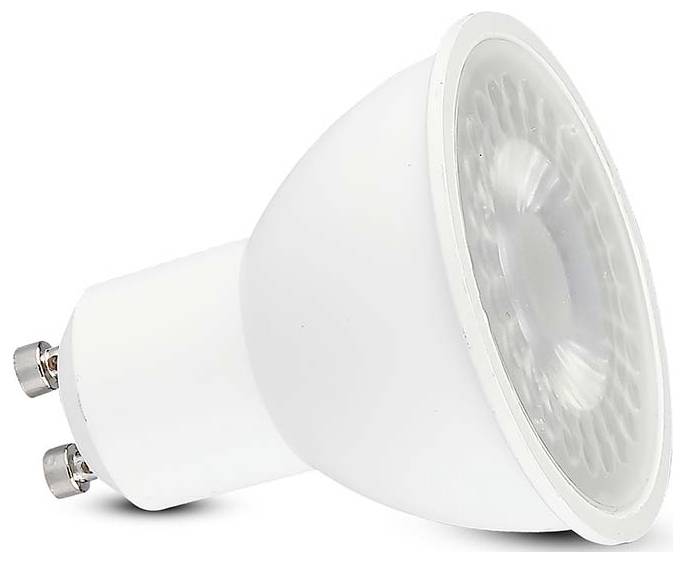 Eine weiße LED-Spotlampe mit GU10-Sockel liegt auf der Seite und zeigt die Linse und Anschlussfahnen, geeignet für Heimbeleuchtung.