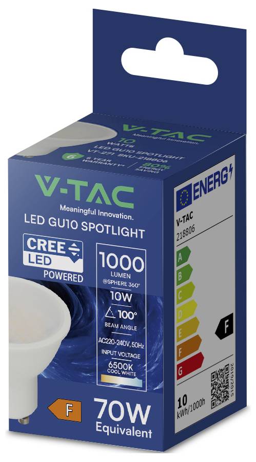 V-TAC 218806 SMD LED EEK F (A - G) GU10 10W = 70W Weiß