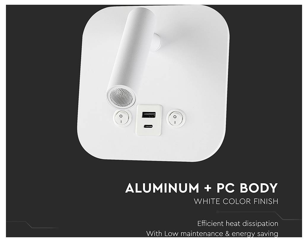 Eine quadratische weiße Leuchte mit verstellbarem zylindrischem Licht, USB-Anschluss und Schalter. Der Text darunter liest sich 