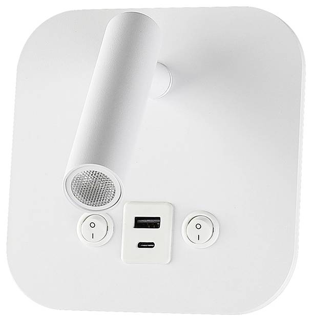 Eine weiße Wandleuchte mit USB-Anschluss und zwei runden Tasten, die auf einer quadratischen Basis montiert ist und ihr funktionales Design betont.