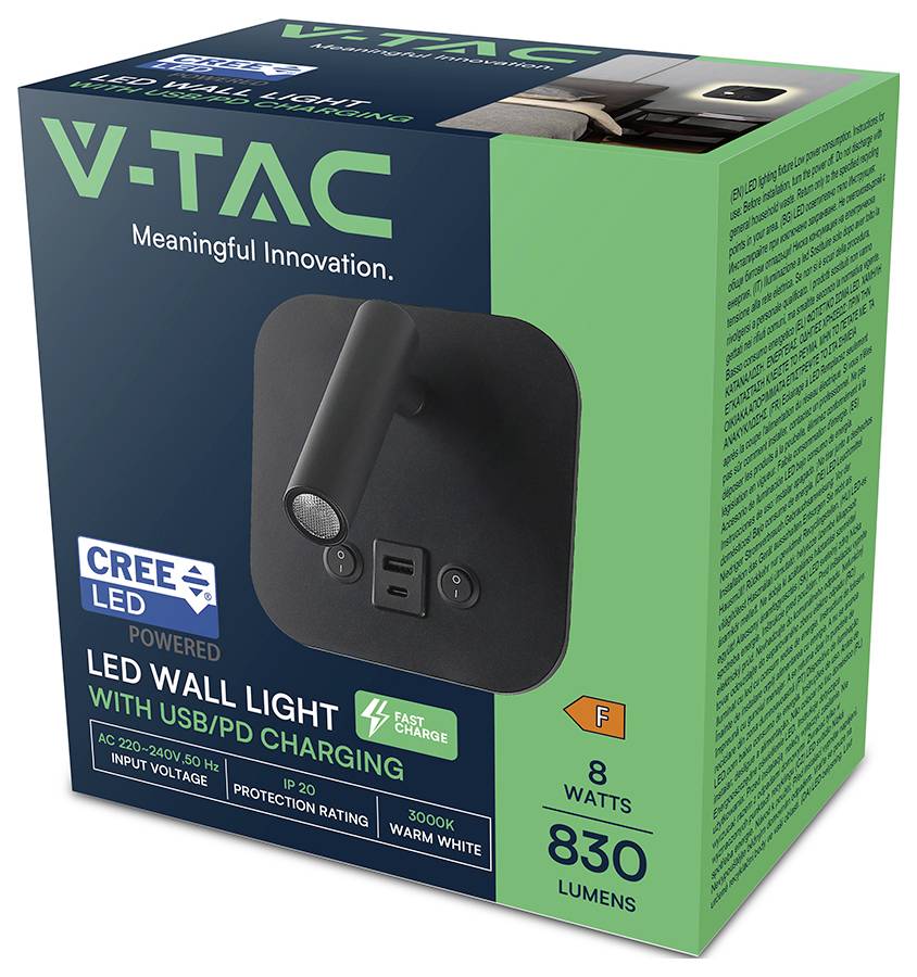 Verpackung für eine V-TAC LED-Wandleuchte mit USB/PD-Ladefunktion. Merkmale umfassen Cree LED, 3000K warmweißes Licht, 8 Watt und 830 Lumen.