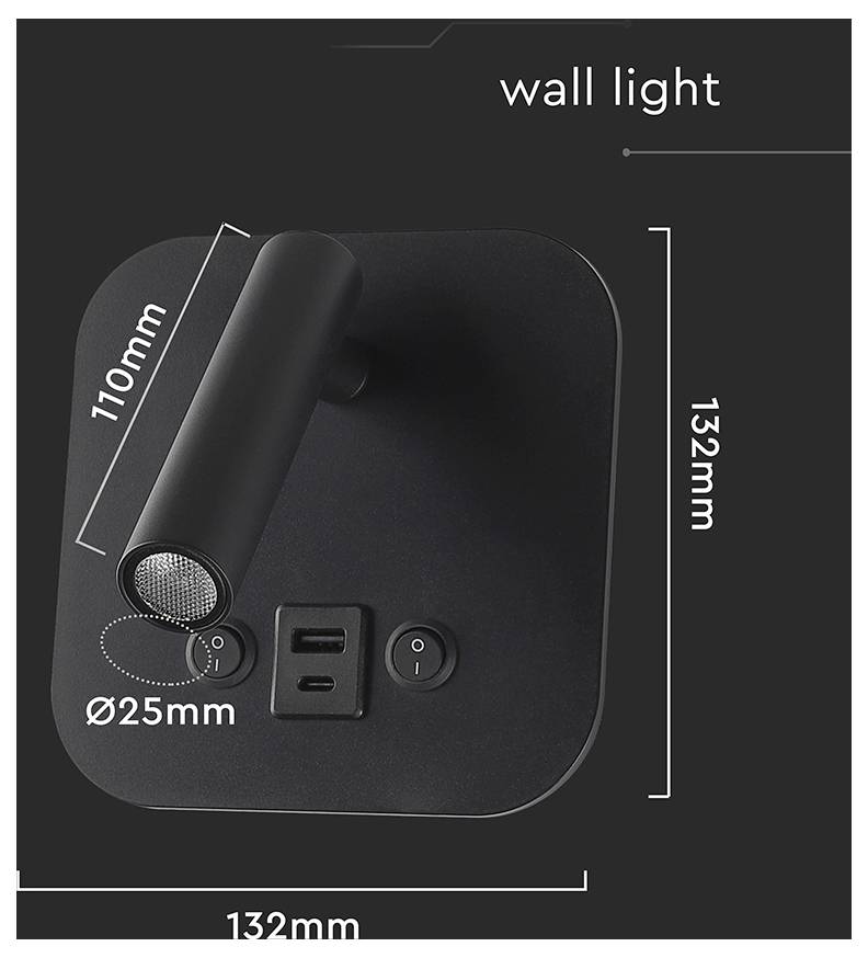 Quadratische schwarze Wandleuchte mit Abmessungen: 132 mm x 132 mm; Armlänge 110 mm und Durchmesser 25 mm. Ausstattungsmerkmale umfassen zwei USB-Anschlüsse und einen Schalter.