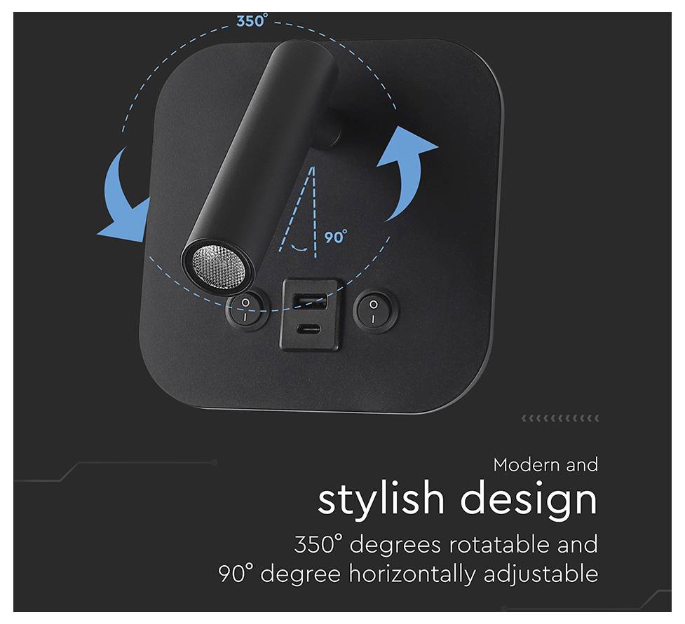 Drehbare und verstellbare moderne Wandleuchte mit Bewegungspfeilen für 350-Grad-Drehung und 90-Grad-horizontale Neigung.