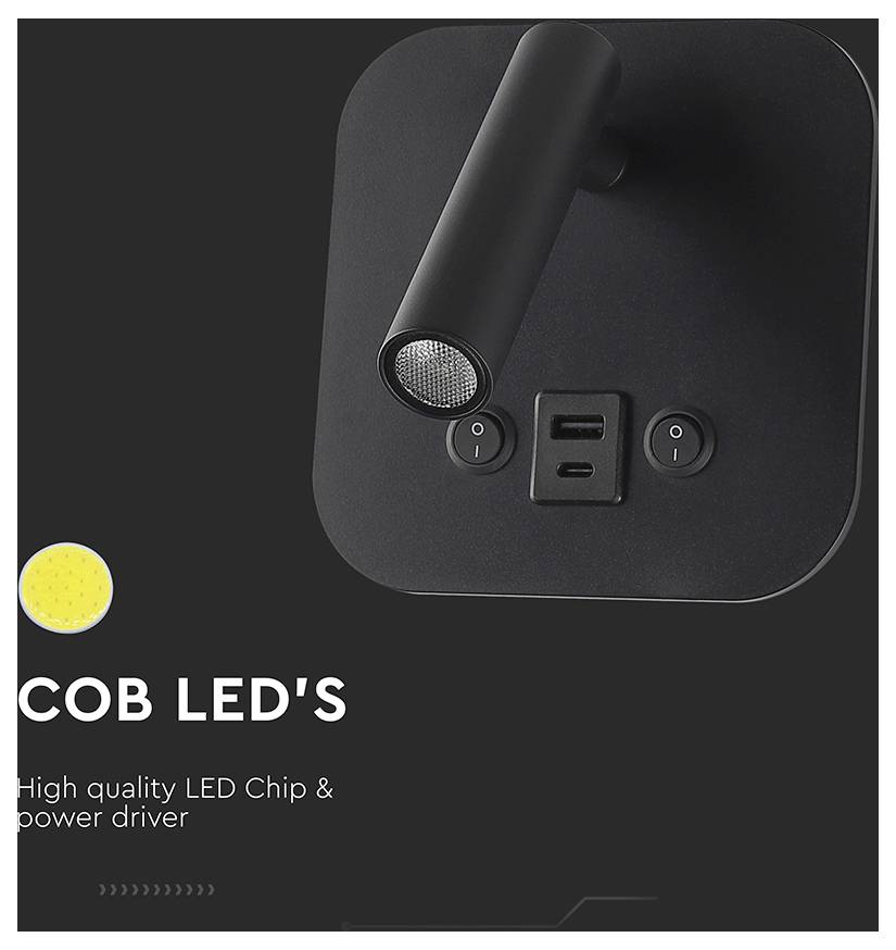 Schwarze LED-Leselampe mit zylindrischem Arm, zwei USB-Anschlüssen und Einschalttasten. Text: 'COB-LEDs - Hochwertiger LED-Chip & Leistungstreiber.'