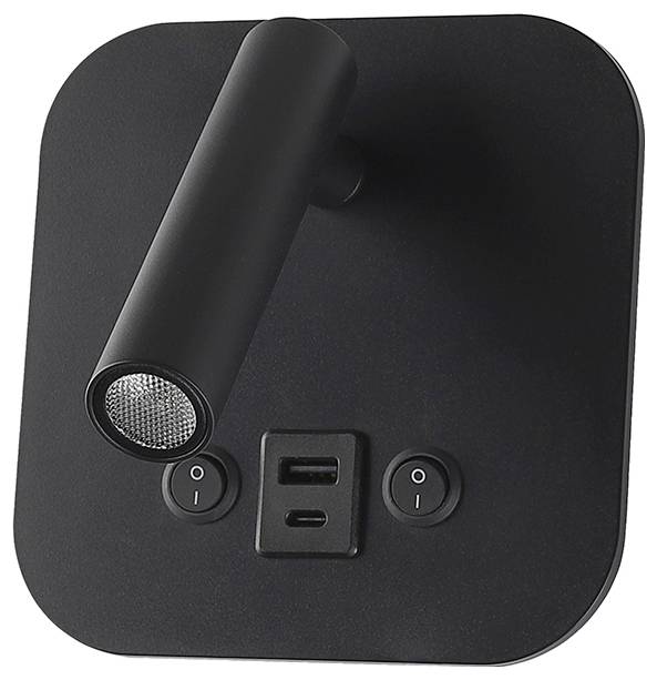 Wandmontierte schwarze Leselampe mit verstellbarem zylindrischem Kopf und USB-Anschlüssen, ausgestattet mit zwei kreisförmigen Schaltern.