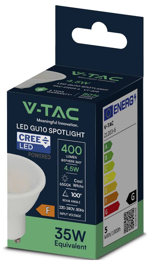 V-TAC 21203-6 SMD LED EEK F (A - G) GU10 4.5W = 35W Weiß