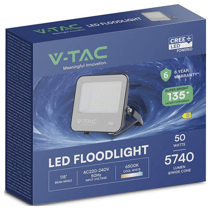 V-TAC LED-Scheinwerfer Verpackung mit Produktabbildung, 50 Watt, 115-Grad-Abstrahlwinkel, 5740 Lumen, 6500K Kaltweiß, mit 6 Jahren Garantie.