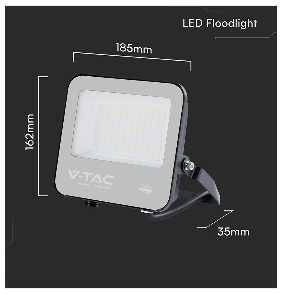 LED-Scheinwerfer mit gemessenen Abmessungen: 185 mm Breite, 162 mm Höhe, 35 mm Tiefe. Ausgestattet mit zahlreichen kleinen LED-Leuchten auf der Vorderseite.