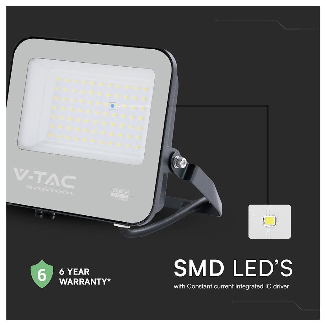 Ein rechteckiger LED-Scheinwerfer mit 'V-TAC' Branding, ausgestattet mit 'SMD-LEDs mit integriertem Konstantstrom-IC-Treiber' und einer '6-jährigen Garantie'.