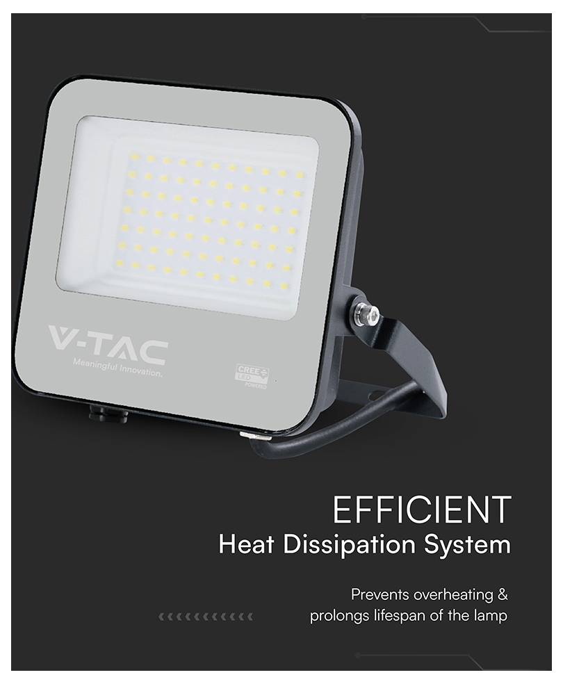 Ein rechteckiger LED-Scheinwerfer mit Markenbeschriftung, montiert auf einem verstellbaren Halterung. Text: 'EFFIZIENTES Wärmeableitungssystem. Verhindert Überhitzung & verlängert die Lebensdauer der Lampe.'