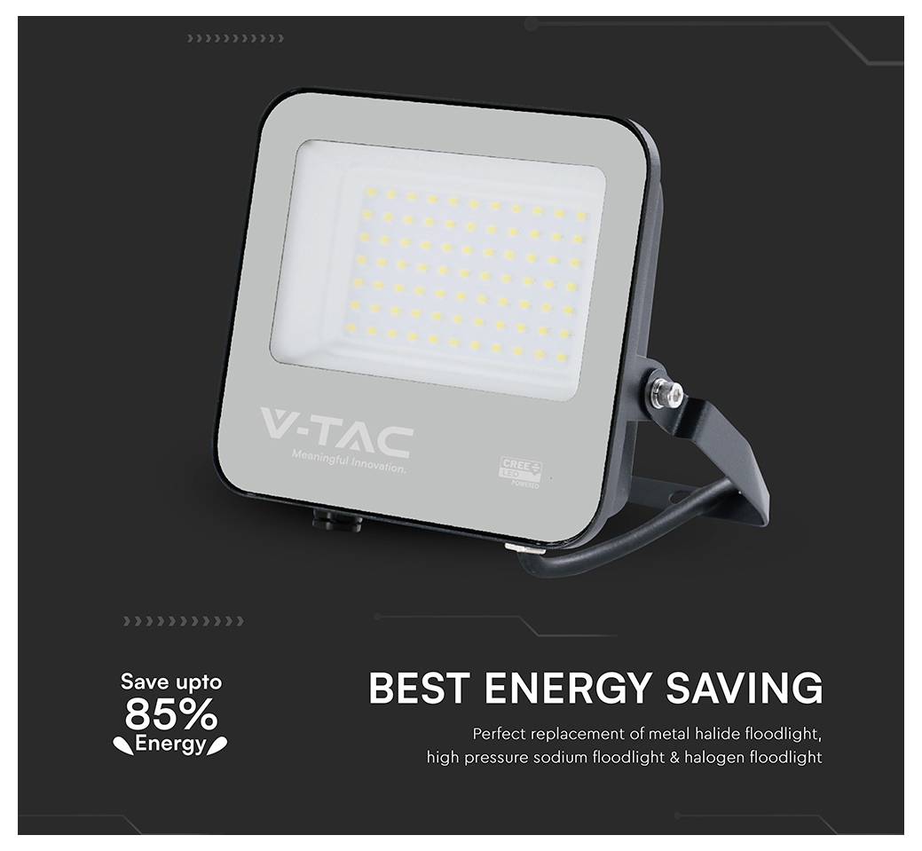 Ein schwarzer Flutlichtstrahler mit LED-Leuchten, mit der Aufschrift 