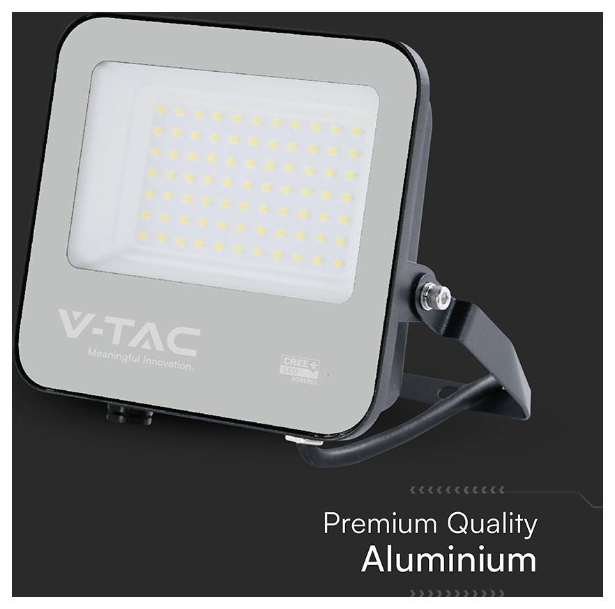 Flutlicht mit Beschriftung 'V-TAC, Sinnvolle Innovation.' Aluminium-Design mit mehreren LED-Leuchten. Text lautet 'Premium Qualität Aluminium.'