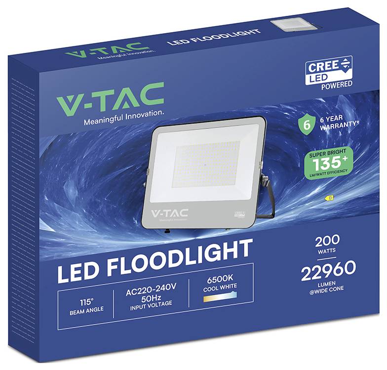 V-TAC LED-Flutlicht-Verpackung zeigt ein graues Flutlicht, 200 Watt, 22960 Lumen, 6500K Kaltweiß, 6 Jahre Garantie, 115° Abstrahlwinkel.